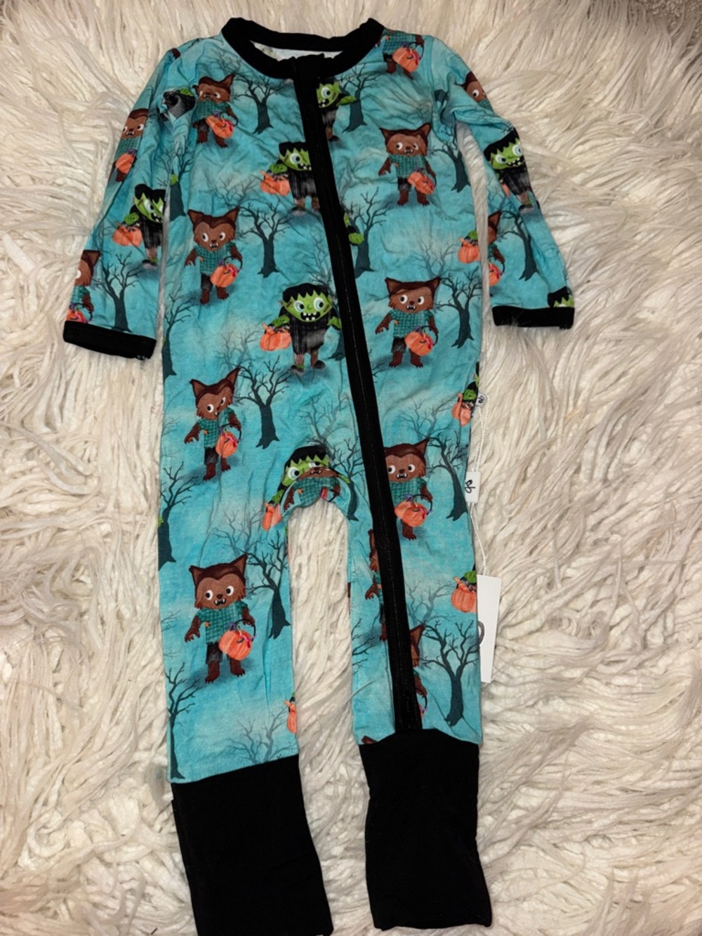 Turquoise Halloween Monster & Fox Print Kids Footie - Black Trim